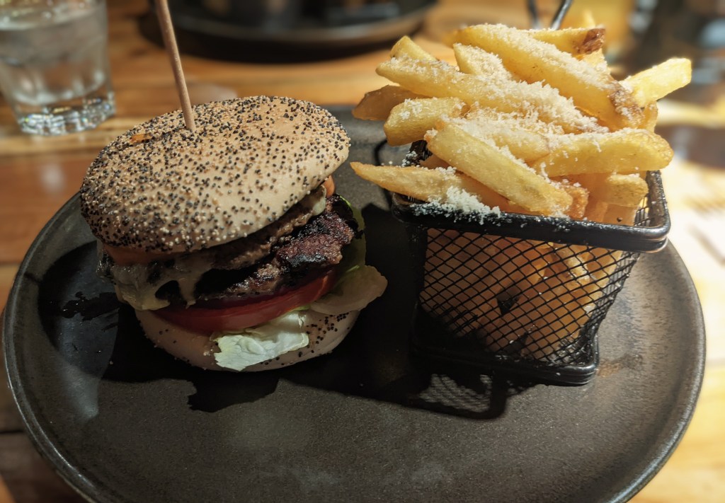 steak burger and truffle fries at The Joiners Arms in Northumberland