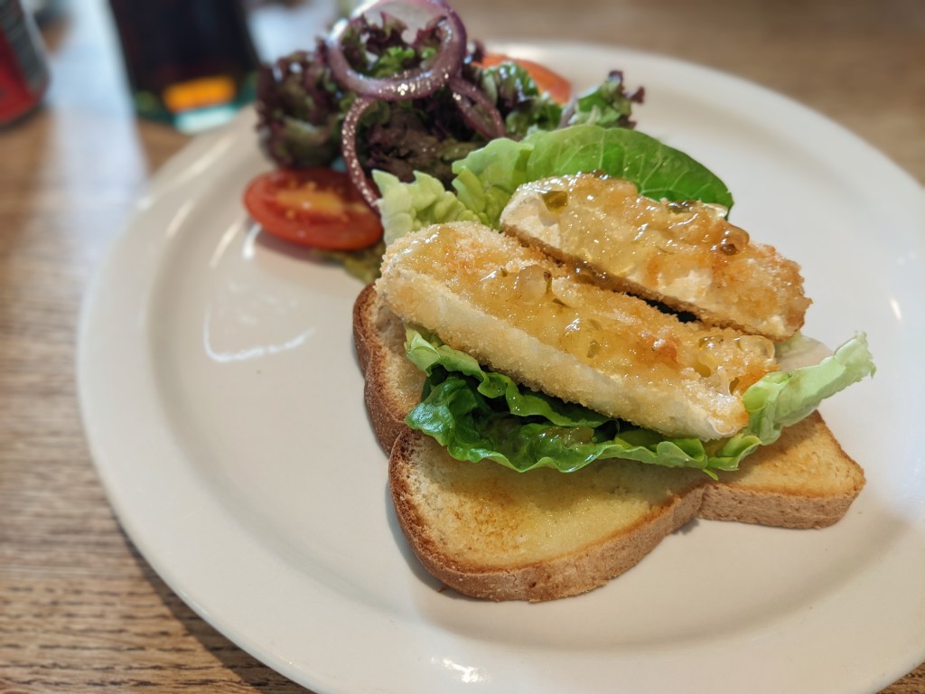 breaded brie gluten free sandwich at the Crown and Anchor in Lindisfarne